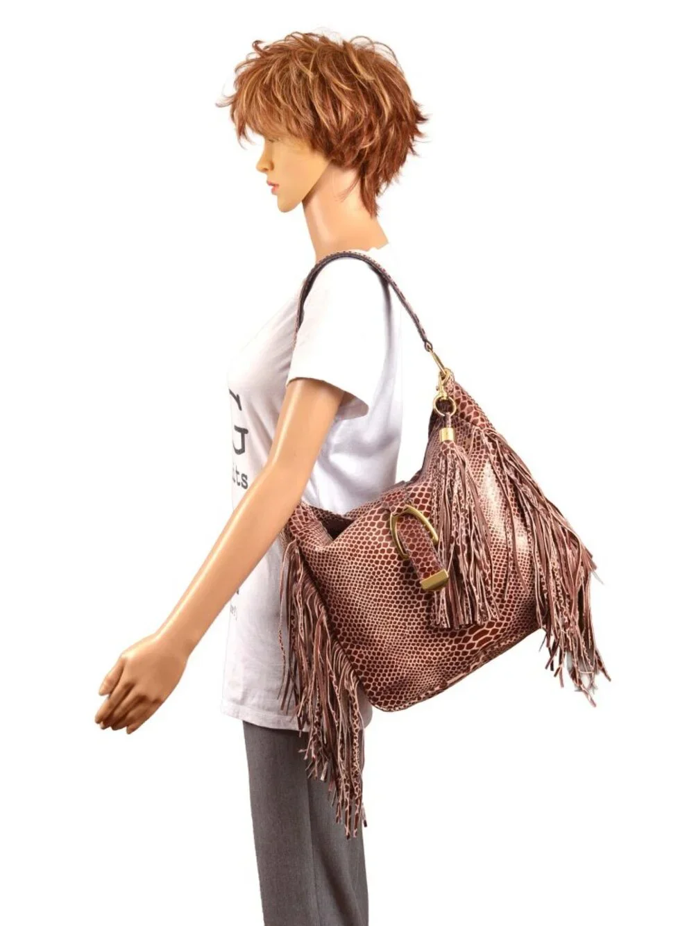 G.I.L.I. Leather Stirrup Fringe Sienna Cobra Fringe Hobo Bag Purse A271123‎
